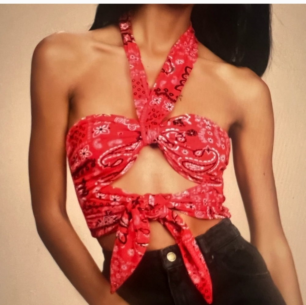 Lulus Womens Red Bandana Halter Top SZ S